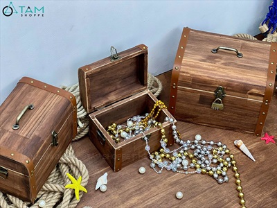 Rương gỗ viền da đinh tán bo nắp [03 Size - Tặng ổ khóa] Cao 14 - 20cm RUONG-GO-05